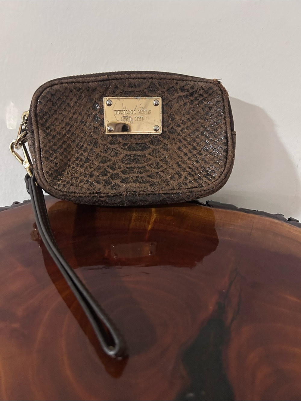 Michael Kors Brown Textured Leather Wristlet with Gold Plaque